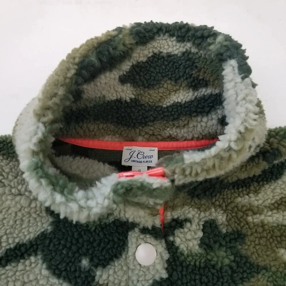 J.CREW Teddy Sherpa Fleece Camo Pullover Jacket Neon Coral Snap Collar Small